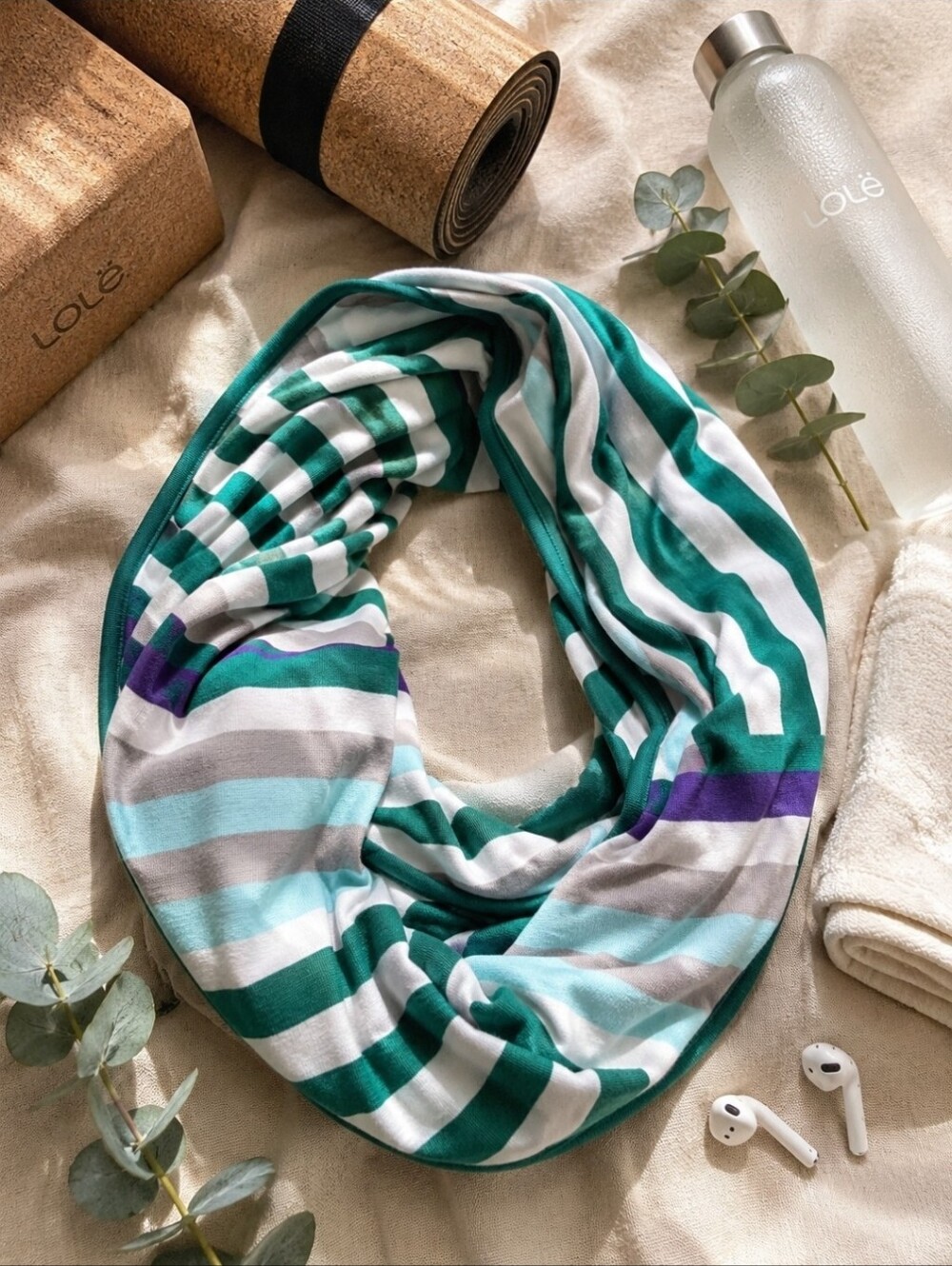 Lolë Organic Cotton Infinity Scarf Green Aqua Stripe Yoga Travel Loop Scarf OS